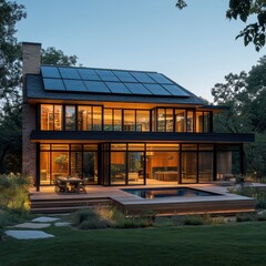 Obraz premium Modern Home with Solar Panels Pool and Deck at Dusk