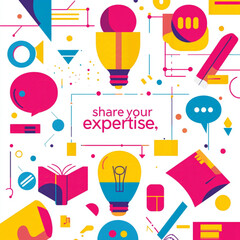 A minimalist 80s-inspired graphic design symbolizing "share your expertise," featuring simple icons like a light bulb, an open book, and a speech bubble, arranged against a bright white background
