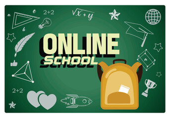 Yellow backpack with scientific doodles. Return to online school. Back To School concept. Flat vector illustration.