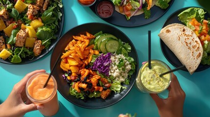 Group of friends enjoying plant-based meals at an outdoor cafe, each with colorful plates of salads, wraps, and smoothies, capturing the joy of vegan dining