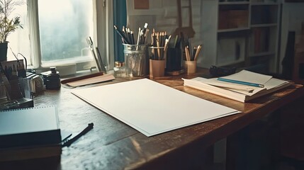A Blank Canvas on a Wooden Desk with Art Supplies