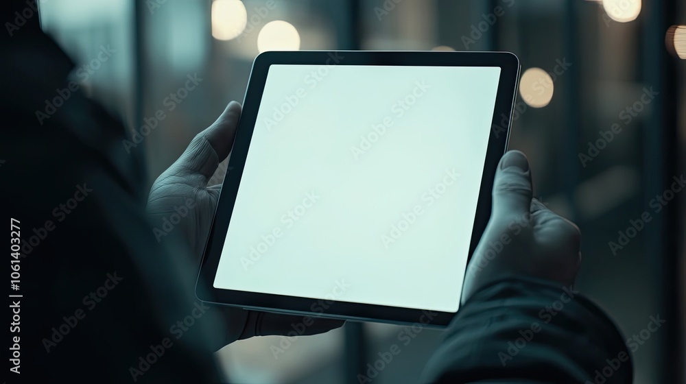 Aufkleber person holding a tablet with a blank screen in front of a window with bokeh lights