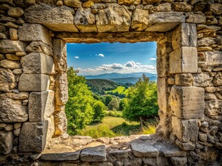 Fototapeta premium Minimalist View Through a Castle Wall - Architectural Beauty, Stone Texture, Historical Landmark, Nature Framing, Serene Landscape, Light and Shadow Play, Timeless Heritage, Simple Elegance