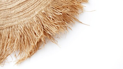 Beach umbrella made of woven straw with frayed edges, isolated on white
