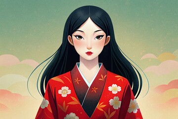 ilustracion de una mujer en kimono rojo con flores