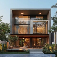 Modern Luxury Home with Large Windows and Patio in Tropical Setting