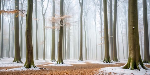 Misty Winter Beech Forest Landscape in Fog - Serene Minimalist Photography of a Tranquil Hayedo Scene for Nature and Landscape Enthusiasts