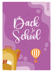 Announcement of school start time. Yellow backpack with air balloons. Back To School concept. Flat vector illustration.