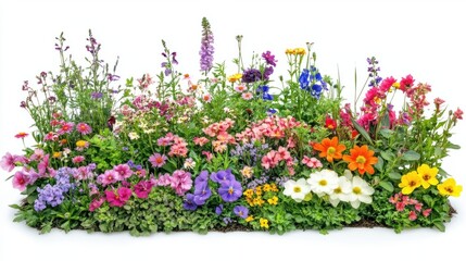 Fototapeta premium Bright flower garden with a variety of blooms isolated on white background, lush and colorful