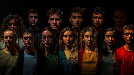 Portraits of various individuals standing against a black background.