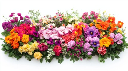 Fototapeta premium Bright flower garden with a variety of blooms isolated on white background, lush and colorful
