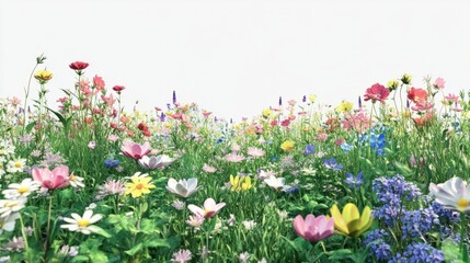 Obraz premium Bright flower garden with assorted wildflowers on white background, lush and full