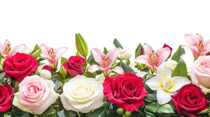 Fototapeta premium Bright, lush garden of roses and lilies with green leaves isolated on white