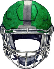 Green Football Helmet, hand-drawn watercolor painting illustration