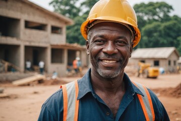 Close portrait of a smiling senior Ivorian man construction worker looking at the camera, Ivorian outdoors construction site blurred background