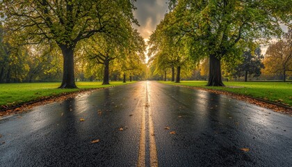 Obraz premium A serene, rain-soaked road lined with trees, capturing the beauty of nature and tranquility in a park setting.