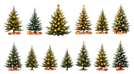 Obraz premium Festive Collection of Decorated Christmas Trees with Gifts isolated on transparent white background, png