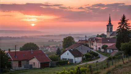 Naklejka premium Sunset over a picturesque village, serene landscape, with a church steeple
