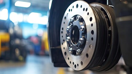 Close-up of a Silver Car Brake Disc with Black Bolts