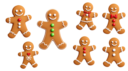  Set of Eight Cheerful Gingerbread Men Ready for Holiday Festivities isolated on transparent white background, png