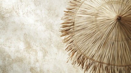 Classic straw beach umbrella with vintage texture on plain white background