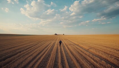 A single figure walks across a vast field of cut grain, heading towards two distant buildings. The sky is a clear blue with wispy white clouds.