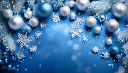 Elegant Blue Christmas Background with Snowflakes and Christmas Balls in Silver and Blue for Festive Holiday Design