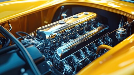 Fototapeta premium Close-up of a Polished and Gleaming Engine Inside a Yellow Car