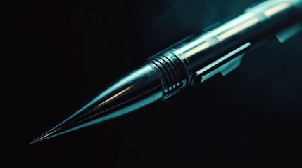 Naklejka premium Close-up of a missile with warhead, highlighting metallic finish and streamlined design, isolated on a dark background
