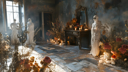 A garden party theme with dried flowers and ghostly figures.