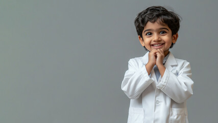 Indian little boy smiling excited wearing doctor lab coat image ideals