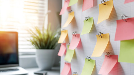 sticky notes pin at board with view of ofiice