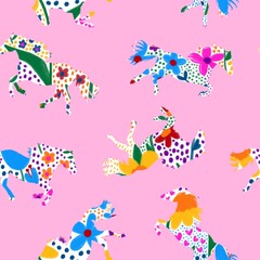 Abstract Hand Drawing Digital Paint Watercolor Ditsy Small Flowers Textured Running Horses Seamless Textile Pattern Isolated Background