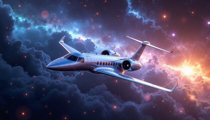 Futuristic Silver Jet Flying Through a Vibrant Starry Galaxy Scene