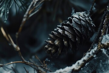 Close-up of a snow-covered pine cone on a branch in a dark forest.