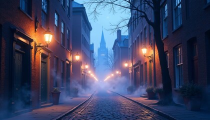 Foggy Cobblestone Street with Historic Brick Buildings and Lamps