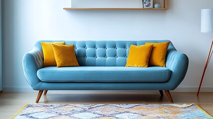A modern living room with a light blue sofa wooden
