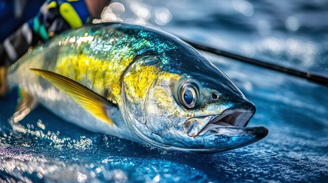 Close-up of a yellowtail fish with its mouth open and bright, iridescent scales.