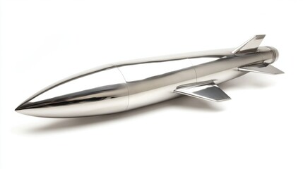 Fototapeta premium Close-up of sleek missile with visible fins and smooth metallic finish, symbolizing power, isolated on white background