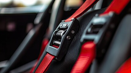 Close-up of a red racing seatbelt fastened in a car