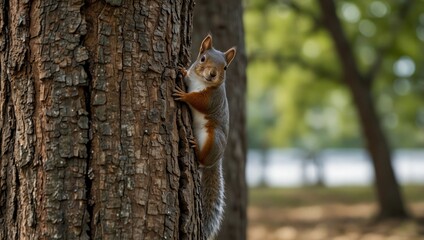 Obraz premium photo of a squirrel climbing a tree in the park made by AI generative 