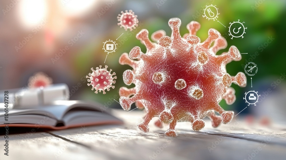 Poster virus cells with clustering risk factors and icons