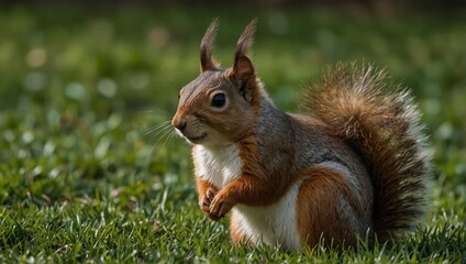 Obraz premium landscape photo of a brown squirrel on the grass made by AI generative