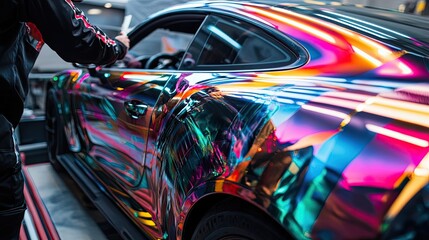 A person standing next to a vibrant, iridescent sports car with a custom paint job.
