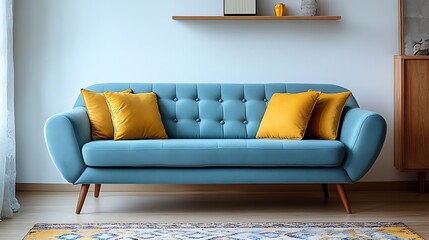 A modern living room with a light blue sofa wooden