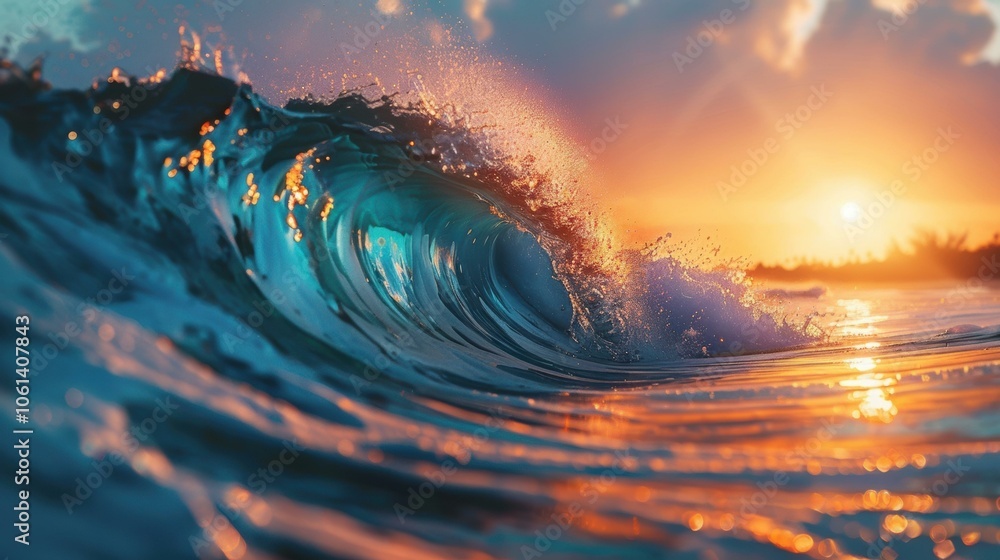 Poster a wave breaks at sunset, creating a beautiful display of light and color. ai.