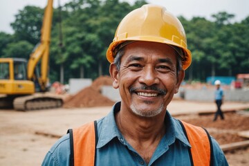 Close portrait of a smiling senior Malaysian man construction worker looking at the camera, Malaysian outdoors construction site blurred background