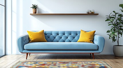 A modern living room with a light blue sofa wooden