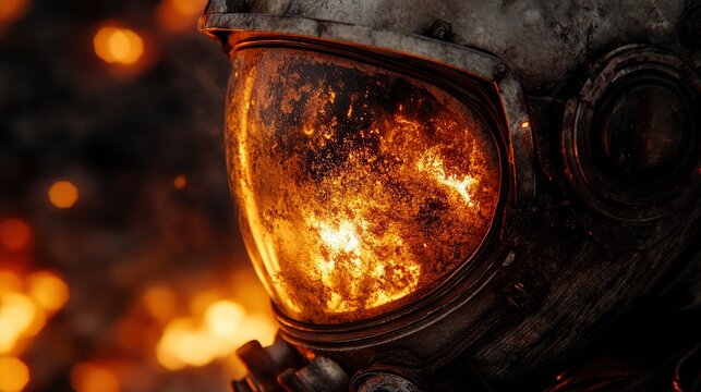 Closeup of a worn astronaut helmet with a fiery glow in the visor.