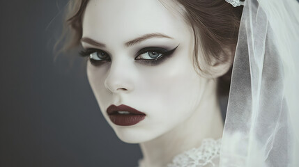 A ghostly bride look with pale skin and dark eye makeup.
